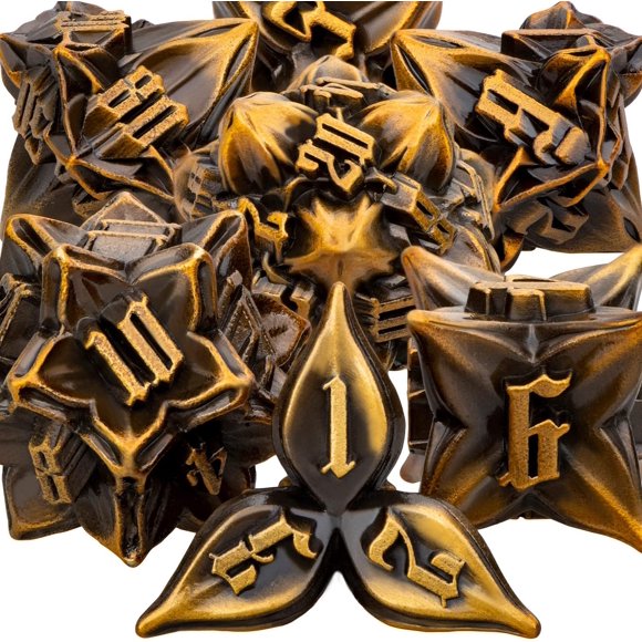 ERDS-DND Metal Dice Set Leaf D and D Dice with Gift Box, Ancient Gold Dungeons and Dragons Polyhedral Dice RPG Role Playing Game D&D Dice Set D20 D12 D10 D8 D6 D4