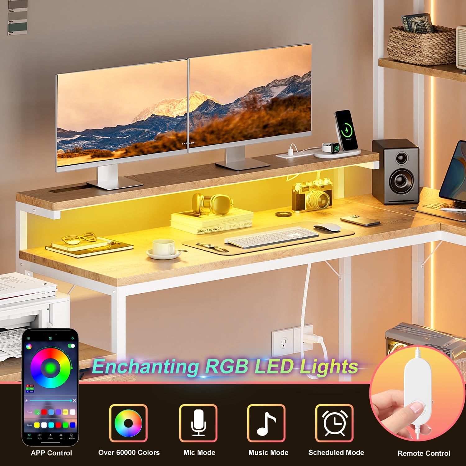 FYRENA 71" L Shaped Desk with 2 Drawers & shelves,Corner Desk with LED Lights & Power Outlets,Gaming Desk,Home Office Desk,Natural Wood