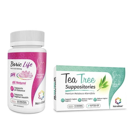 NutraBlast Boric Acid Suppositories 600mg (30 Count) w/Tea Tree Oil Suppositories (12 Count) | All Natural Intimate Deodorant for Women | Restore Feminine pH Balance