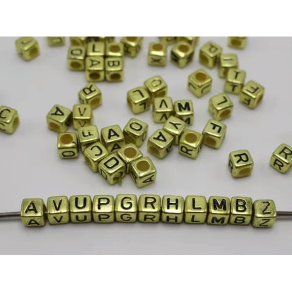 U8MO 250 Assorted Alphabet Letter Acrylic Cube Pony Beads 6X6mm Jewelry Kids Craft-3-4# Metallic Gold Color