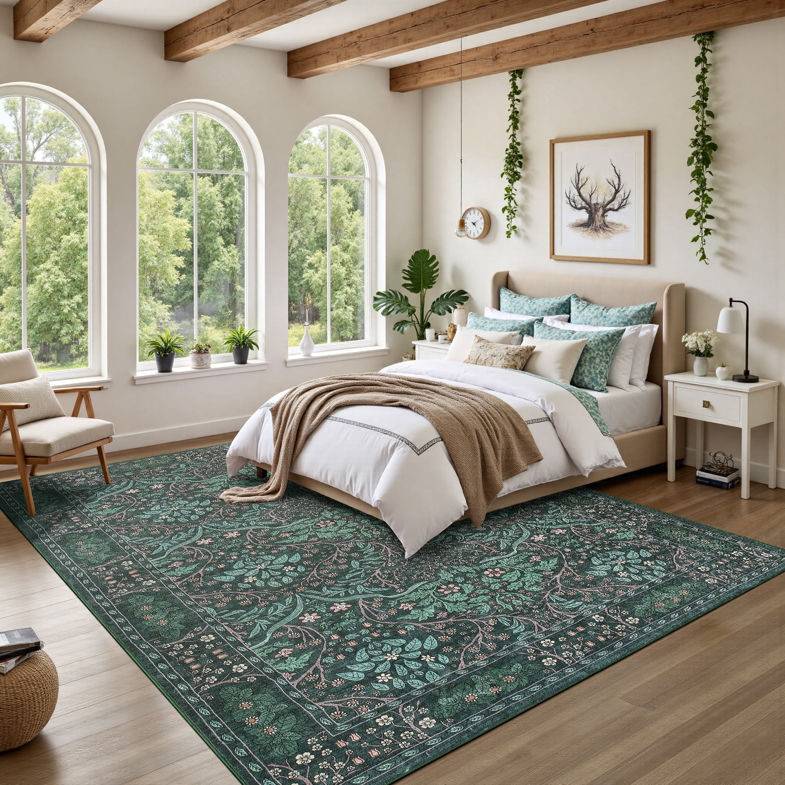 PLEASOR 8'x10' Area Rug for Living Room, Green Washable Area Rugs with Non-Slip Backing, Boho Floral Vintage Carpets Low Pile for Dining Room, Bedroom, Home Office, Indoor, Nursery, Apartment