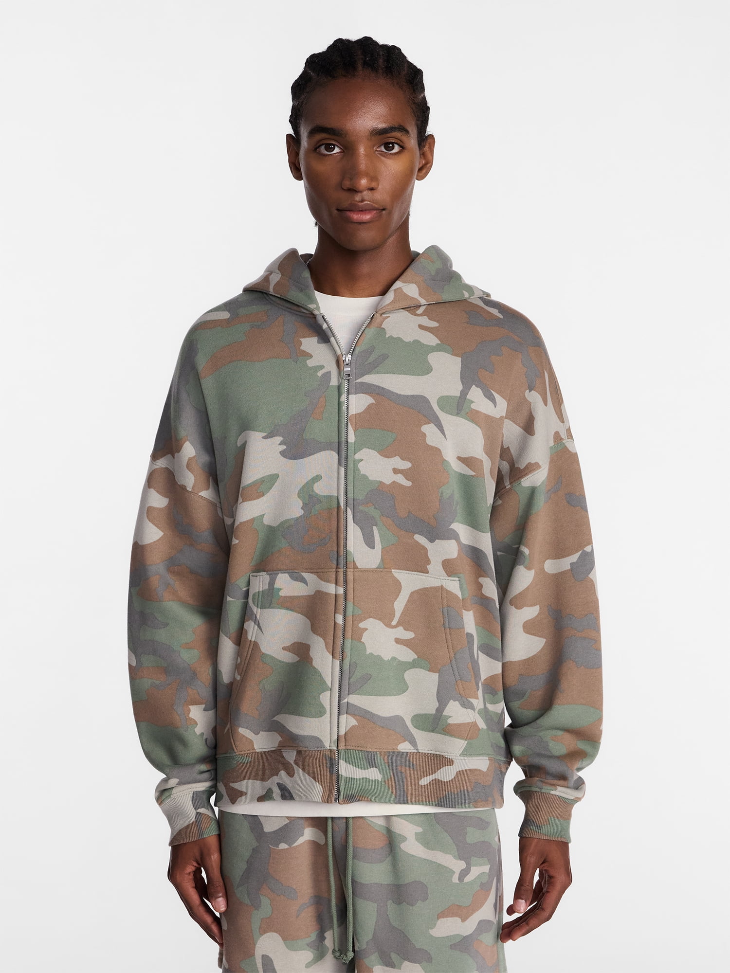 No Boundaries Boxy Oversized Fit Fleece Zip Hoodie Sweatshirt with Long Sleeves, Men's XS-4XLT