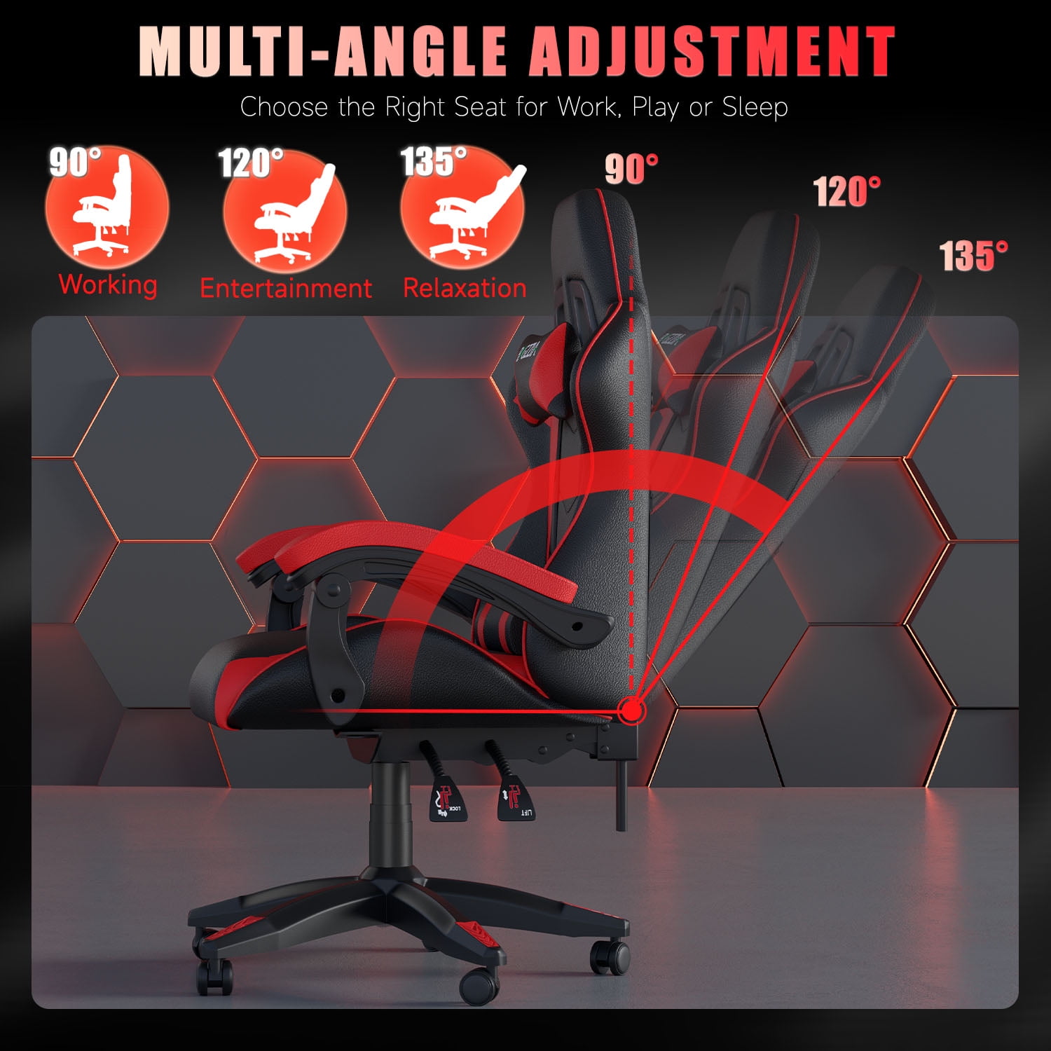 Bigzzia Gaming Chair, Computer with Lumbar Support Height Adjustable with 360-Swivel Seat and Headrest for Office or Gaming (Red)