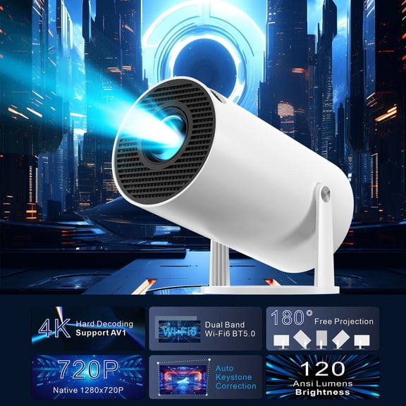 HY300 Mini 4K Portable Smart Projector with WiFi 6 & Bluetooth, Auto Keystone, 180°Rotation, Android 11 Wireless Home Theater Projector for Bedroom