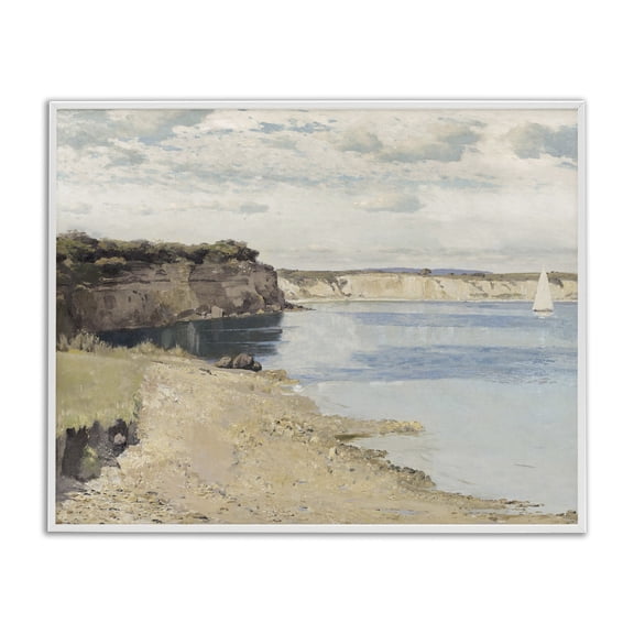 Stupell Industries Coastal Still Morning Oceanside Cliffs and a Sailboat White Framed Giclee Art, 20 x 16, by Christy McKee