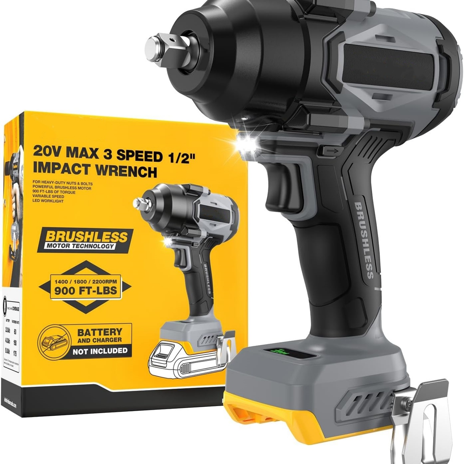 900 Ft-lbs Cordless Impact Wrench, 1/2 Inch Impact Gun Compatible DeWALT 20V MAX Battery, Brushless Constant High Torque Impact Driver with 3 Speed, Tool Only (No Battery Included)