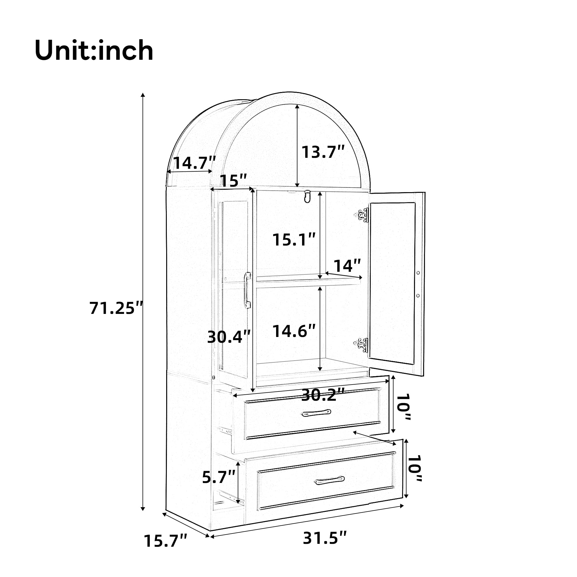 Arched Top Storage Cabinet with Tempered Glass Doors, Fixed 2-Tier Shelves, 2 Large Drawers, Soft Close Hinges & Exquisite Metal Handles, White