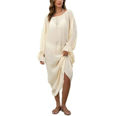 Previn Women s Billowy Bikini Cover Up Dress Long Sleeve Swimsuit Bunched Spring Break Calf Length Bishop Sleeve Casual Comfy Elastic Coverup Beige One Size