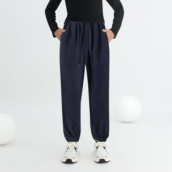 CUZIBR Unisex Boys Girls Pants Elastic Waist Wide Leg Ankle-Tied Jogger Fuzzy Thick Lined Winter Warm Sweatpants With Pockets Toddler Casual Solid Trousers,Bu2,5-6 Years