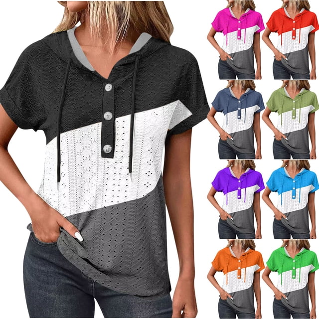 Liquidation d'Économies! VOAVEKE Hauts d'Été Grande Taille pour Femmes, Blouse Décontractée T-Shirt pour Femmes, Blouse à Manches Courtes Col Ajouré Récréatif