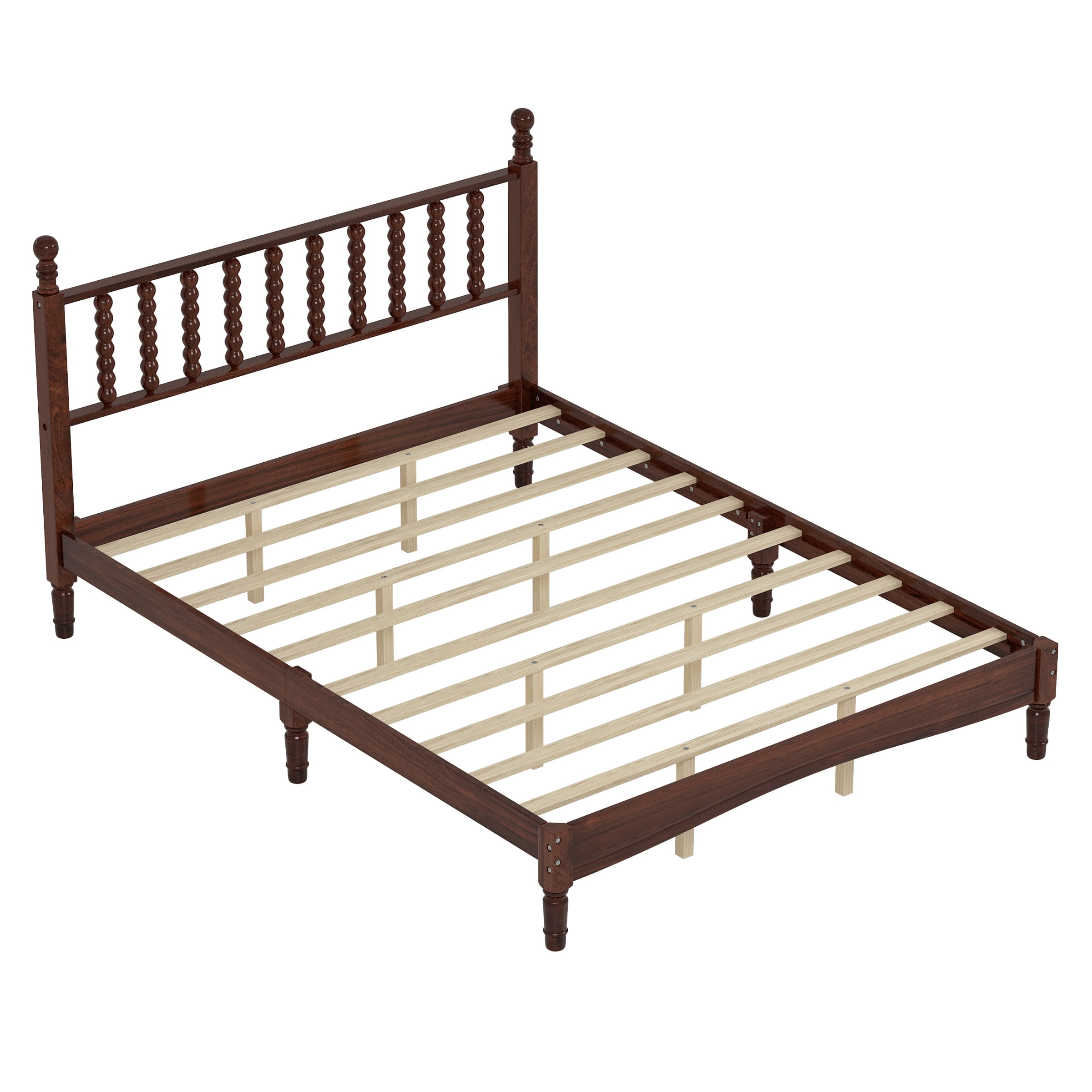 Queen Bed Frame with Headboard,Retro Platform Bed Frame with Spindle Headboard,Solid Wood,for Bedroom,Easy Assembly,84.6"x63.3"x45",Walnut