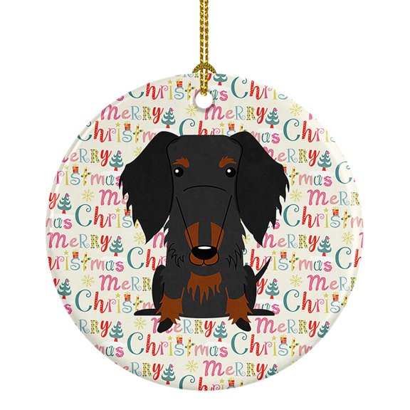 Merry Christmas Wire Haired Dachshund Black Tan Ceramic Ornament 2.8 in x 2.8 in