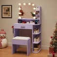 thumbnail image 3 of ICEELF Purple Makeup Vanity with Chair, Small Vanity Desk with Mirror & 3 Color Lights, Girls Vanity Set with Power Outlet for Small Space, 3 of 8