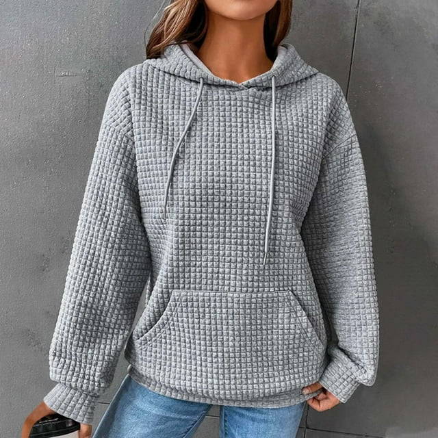 Meichang Oversized Hoodies for Women Drawstring Waffle Cloth Long Sleeve Pullover Soft Comfy Solid Color Sweatshirts witn Pockets