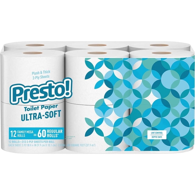 Papel higiénico Presto! de 2 capas, ultra suave, 12 rollos mega