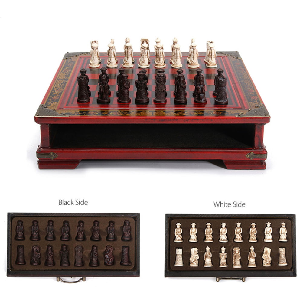 Chess Set Board Games Resin Retro Terracotta Warriors Lifelike Pieces Checkers 