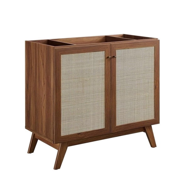 Pemberly Row 36" Modern Wood Bathroom Vanity Cabinet with Rattan Door in Walnut