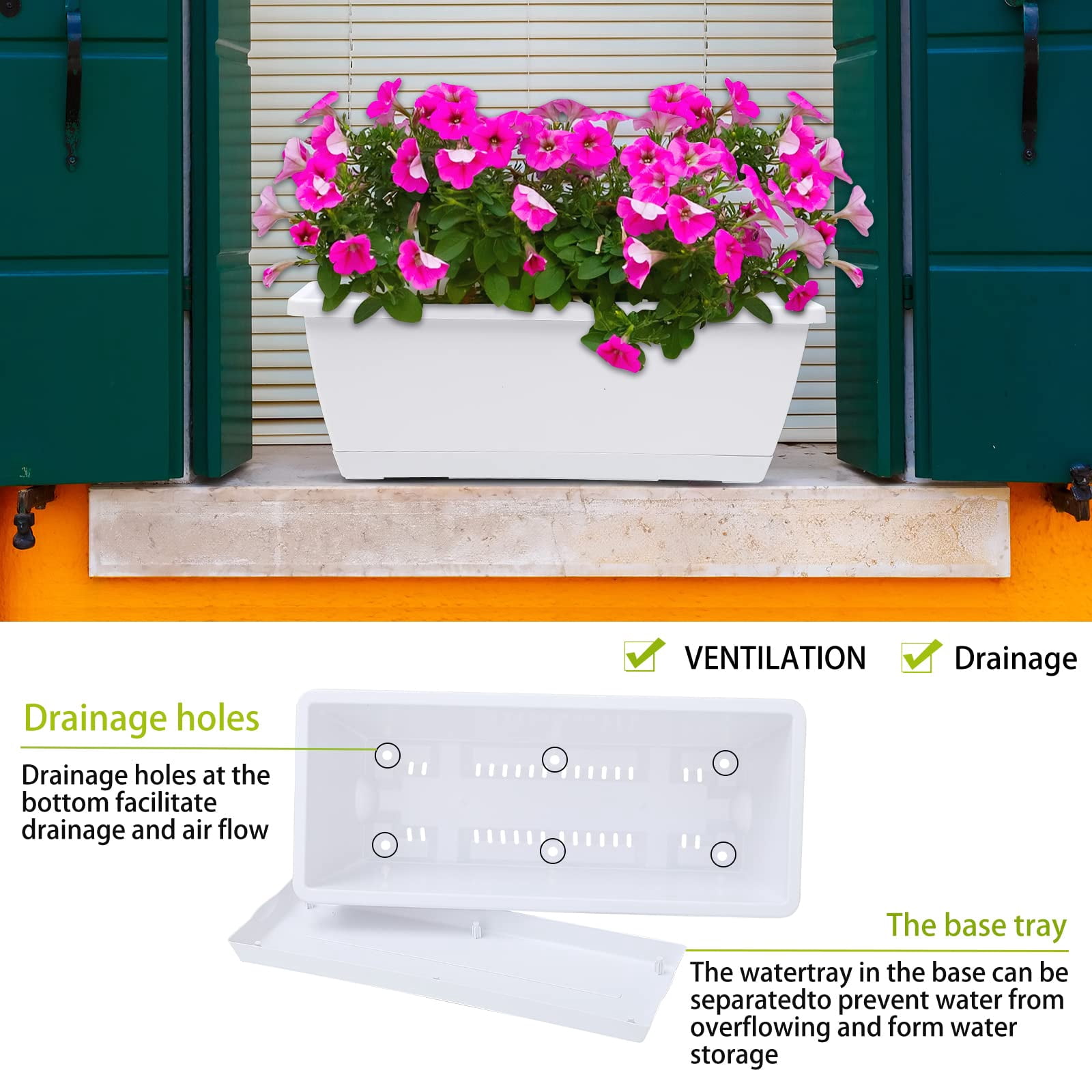 Window Box Planter White 16.6 x 7 x 5.9 inches Rectangular Plastic Pot with Saucer for Indoor Outdoor Garden