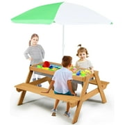Kids Picnic Table, 4 in 1 Convertible Sand & Water Table with 2 Removable Trays, Height Adjustable Umbrella, Kids Outdoor Table and Benches Set for Backyard, Garden, Playtime (Natural)