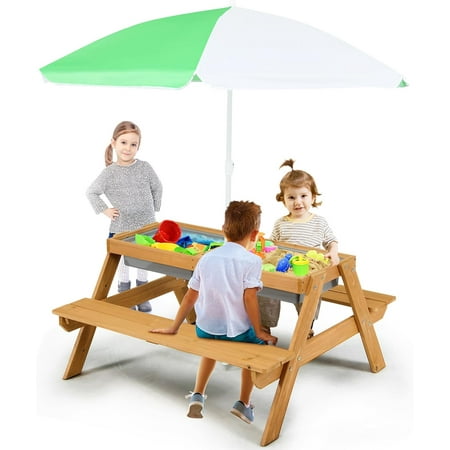 Kids Picnic Table, 4 in 1 Convertible Sand & Water Table with 2 Removable Trays, Height Adjustable Umbrella, Kids Outdoor Table and Benches Set for Backyard, Garden, Playtime (Natural)