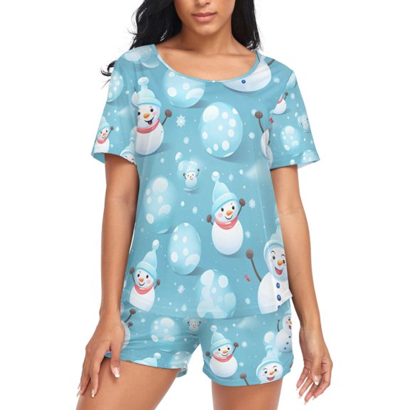 joogoo Women's Pajama Set Christmas Snowman Short Sleepwear Loungewear with Pockets M