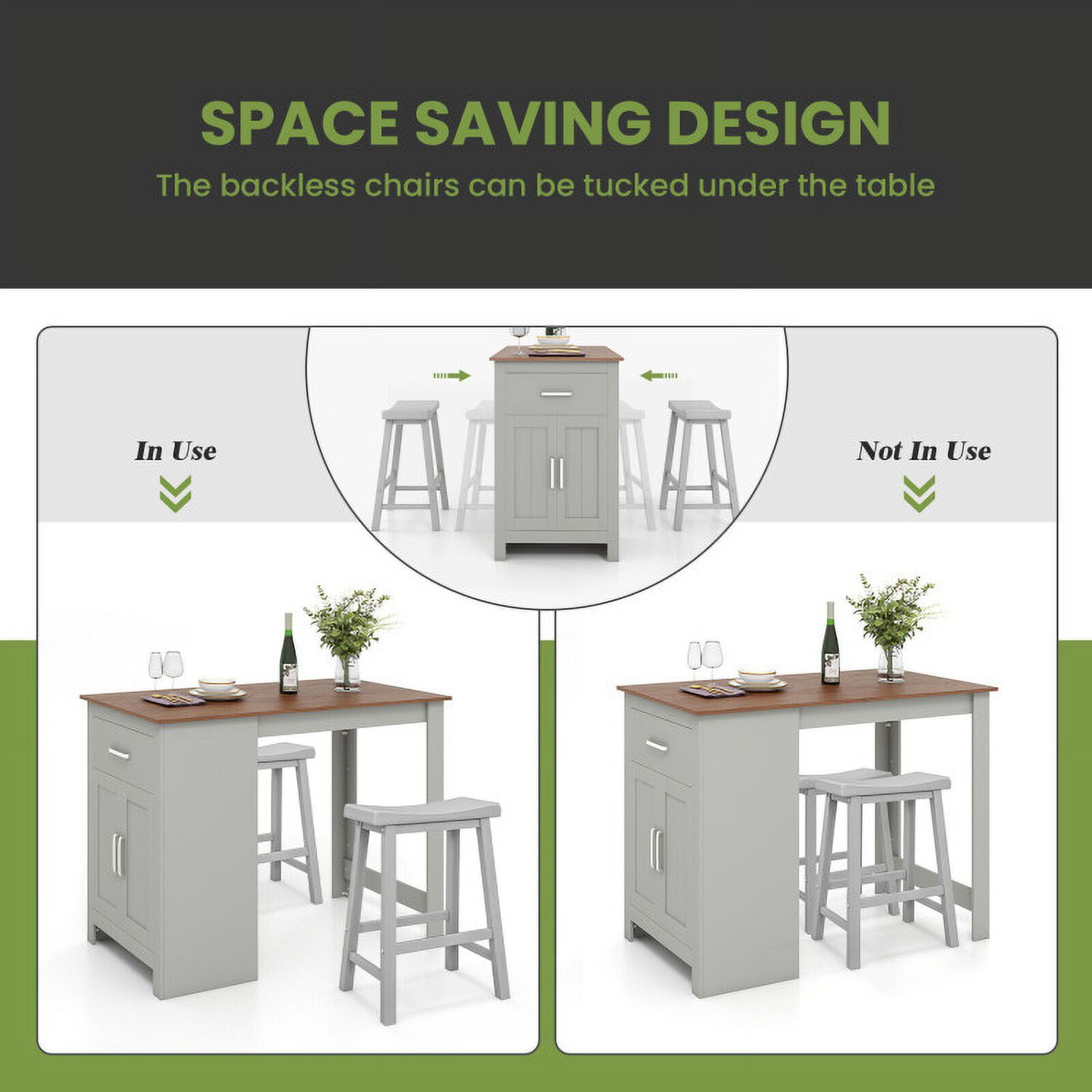 Finihen Dining Set, Dining Table Set, 3-Piece Bar Table Set for 2 with 2 Saddle Stools for Dining Room, for Home, Restaurant, Gray Finihen Dining Set, Dining Table Set, 3-Piece Bar Table Set for 2 with 2 Saddle Stools for Dining Room, for Home, Restaurant, Gray
