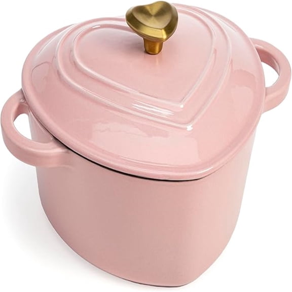 Enameled Cast Iron Dutch Oven Heart-Shaped Pot with Lid, Dual Handles, Works on All Stovetops, Oven Safe to 500°F, 4-Quart, Pink