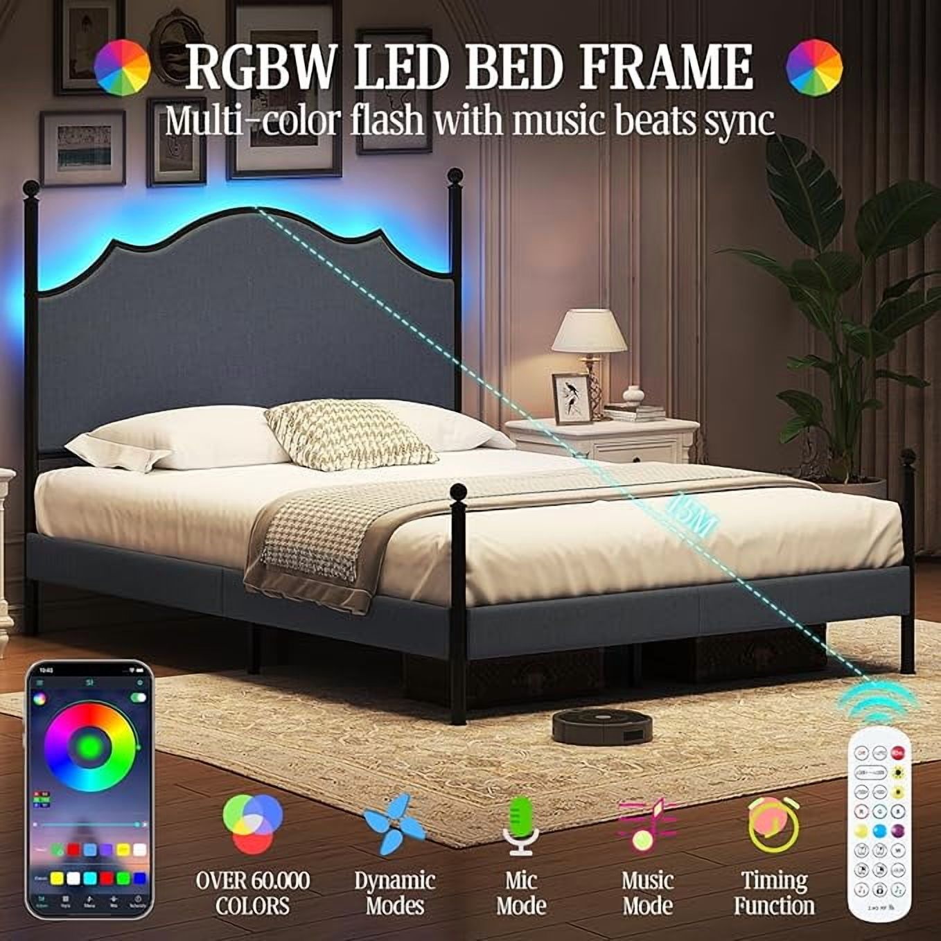 VanAcc Queen Bed Frame with LED Light & Arch Headboard, Modern Corduroy Upholstered Platform Bed with Metal Poster, Easy Assembly, Dark Gray