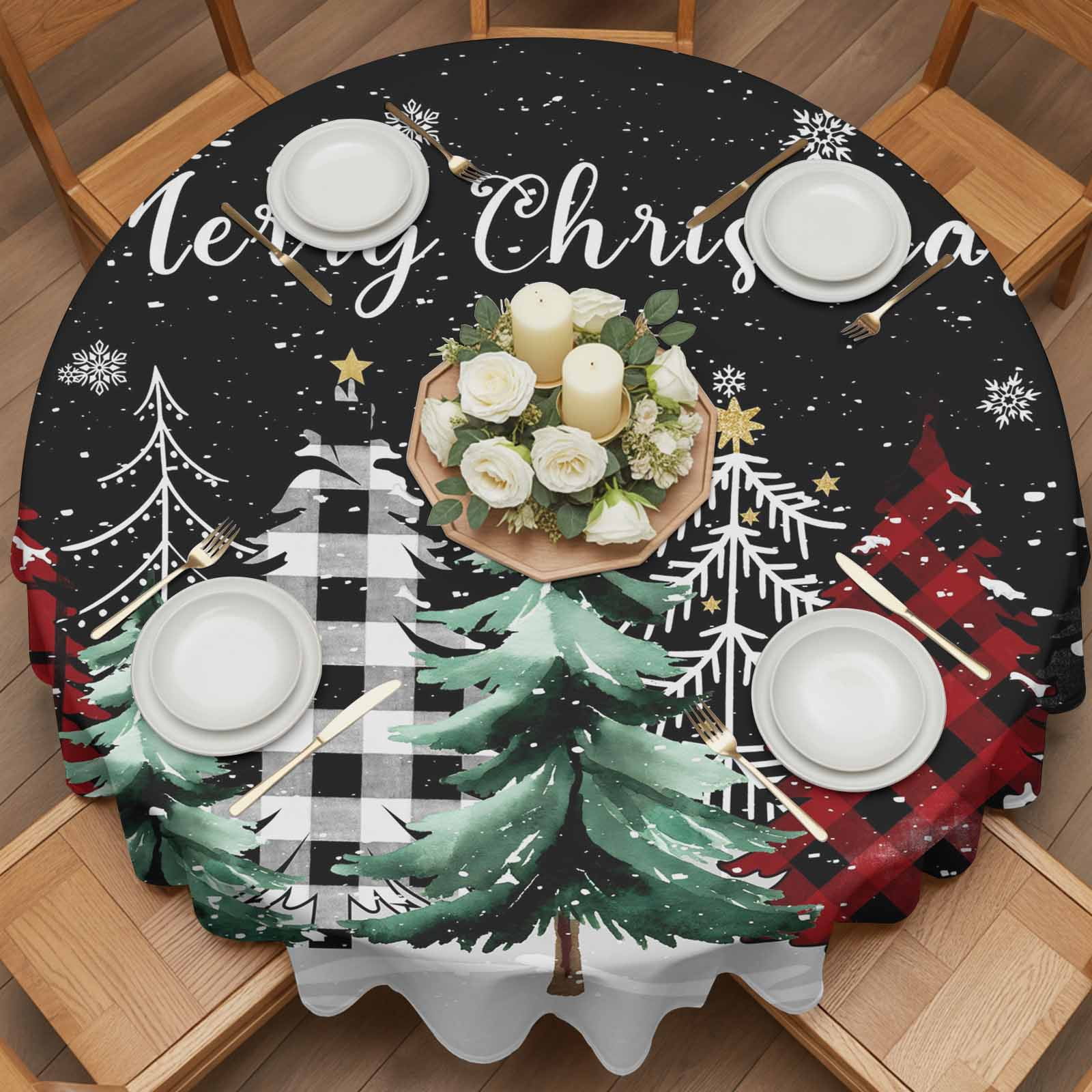Round Tablecloth Merry Christmas Waterproof Oil Proof Polyester Table Cloth Cover Decor for Home Dining Outdoor,Patio,Parties, 54" Dia. Red Black Buffalo Plaid Christmas Tree Winter