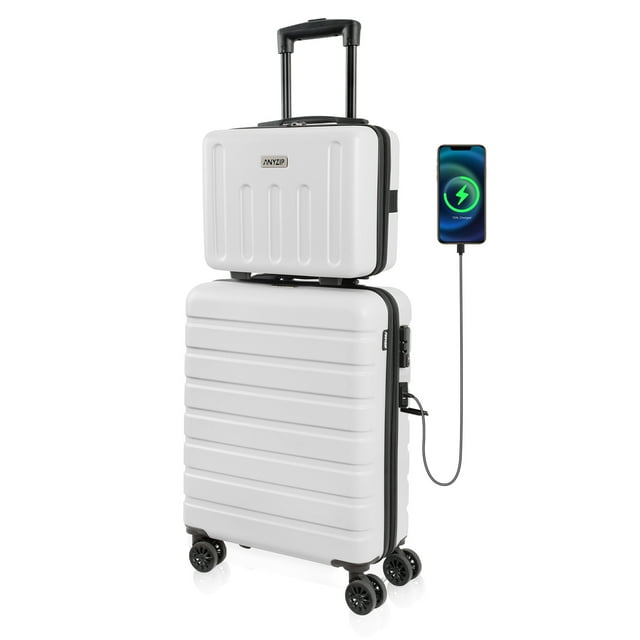 Luggage Sets 2 Piece Hardshell Lightweight Carry on Luggage Cosmetic Case with wheels USB Port TSA Lock 14 20 inch White