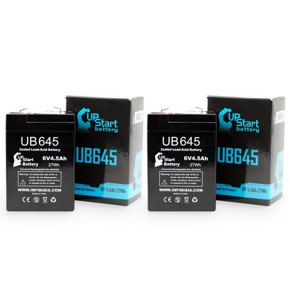 2x Pack - Compatible North Supply 782374 Battery - Replacement UB645 Universal Sealed Lead Acid Battery (6V, 4.5Ah, 4500mAh, F1 Terminal, AGM, SLA) - Includes 4 F1 to F2 Terminal Adapters