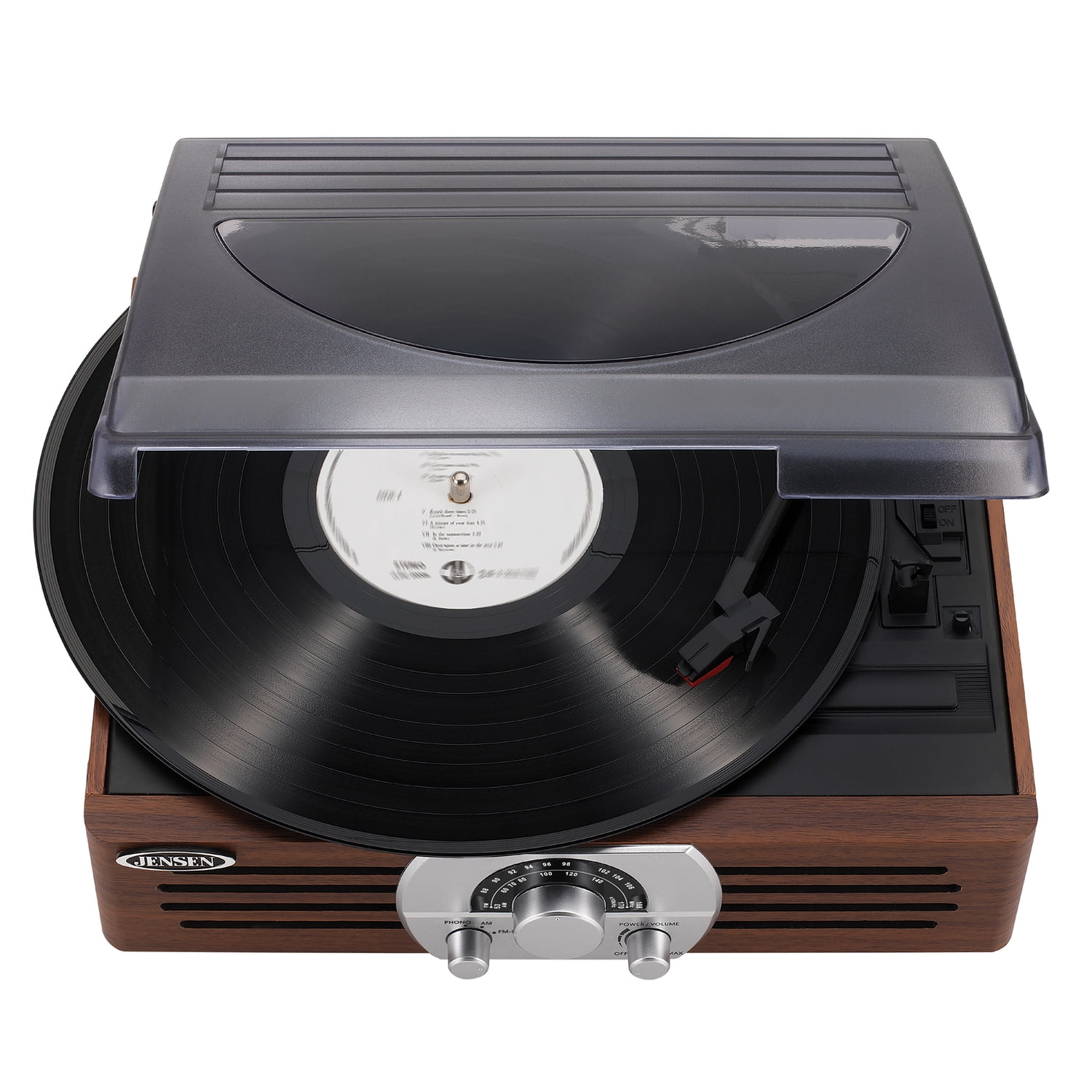JENSEN 3-Watt 3-Speed Belt-Drive Manual Retro Turntable with Built-in Speakers, Pitch Control, AM/FM Radio, Antique Wood Case Design, JTA-222