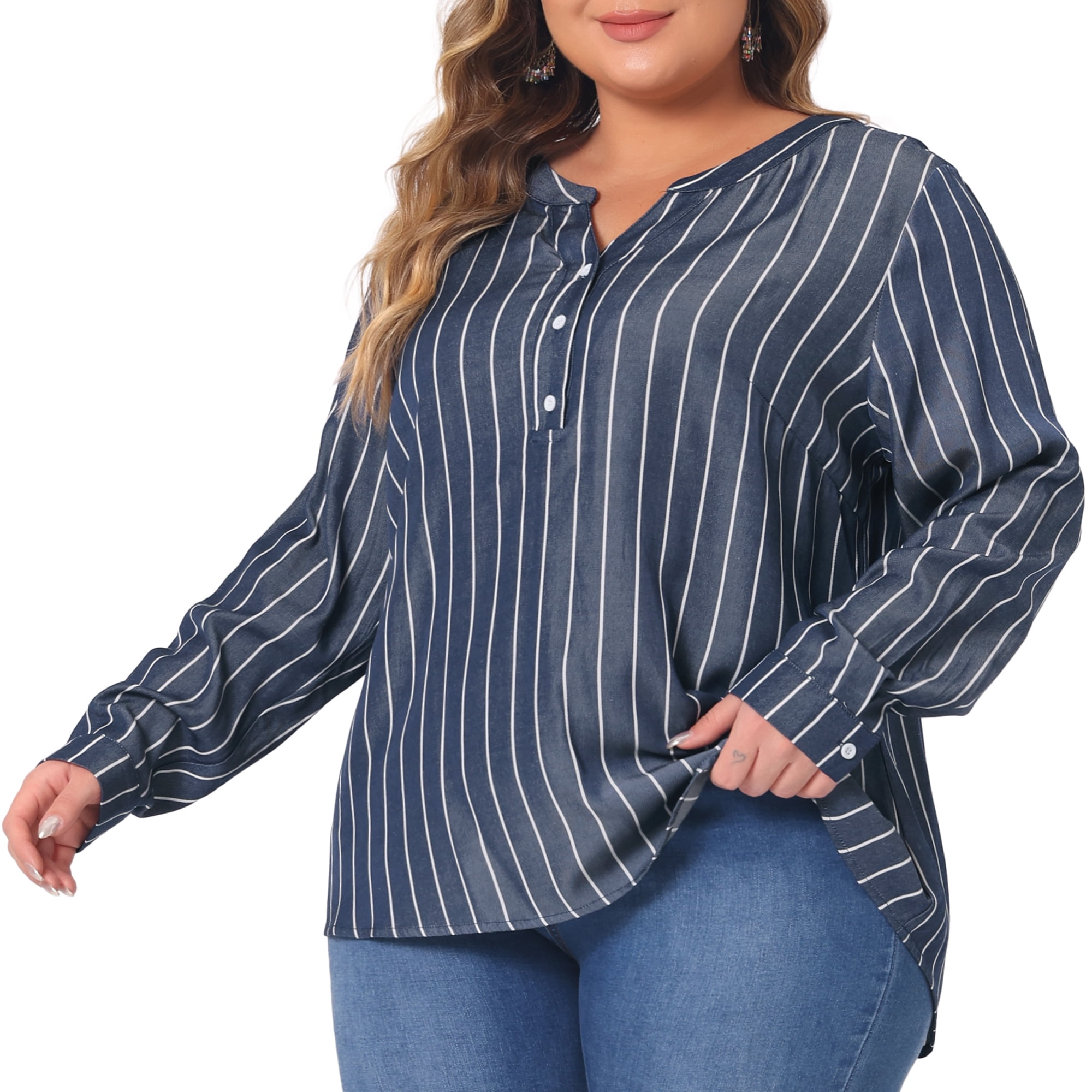 DARING DIVA Women's Plus Size Long Sleeve Button Down Blouse 2X Black Blue