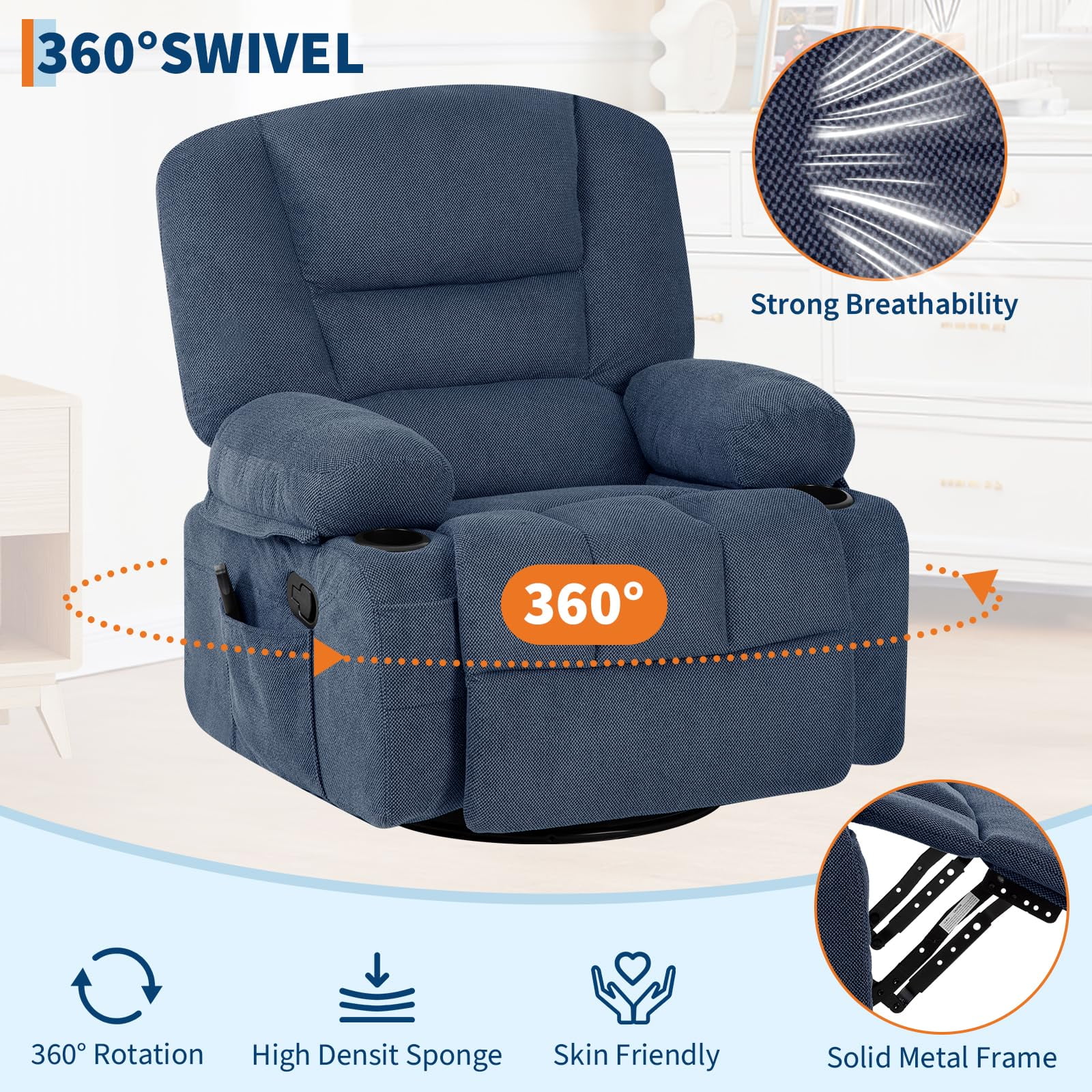 Oversized Power Recliner Chair with 360° Swivel, Rocking, Massage & Heating - Extra Wide Chenille Lounge Sofa with Remote, Cup Holders, Side Pockets, USB Port - Living Room, Bedroom