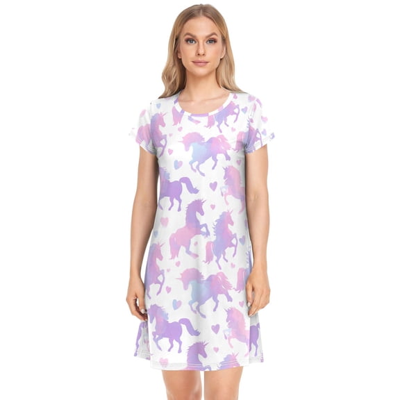Women's Sleep Dress Nightgown with Short Sleeves Unicorn Silhouette Pattern Sleepwear Small