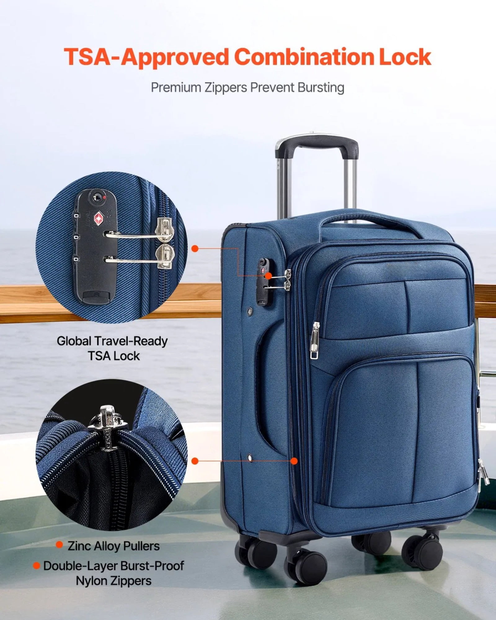 Password suitcase, soft-sided expandable luggage, 20 inches, twill Oxford fabric, with swivel wheels, lightweight, durable, wear-resistant, blue