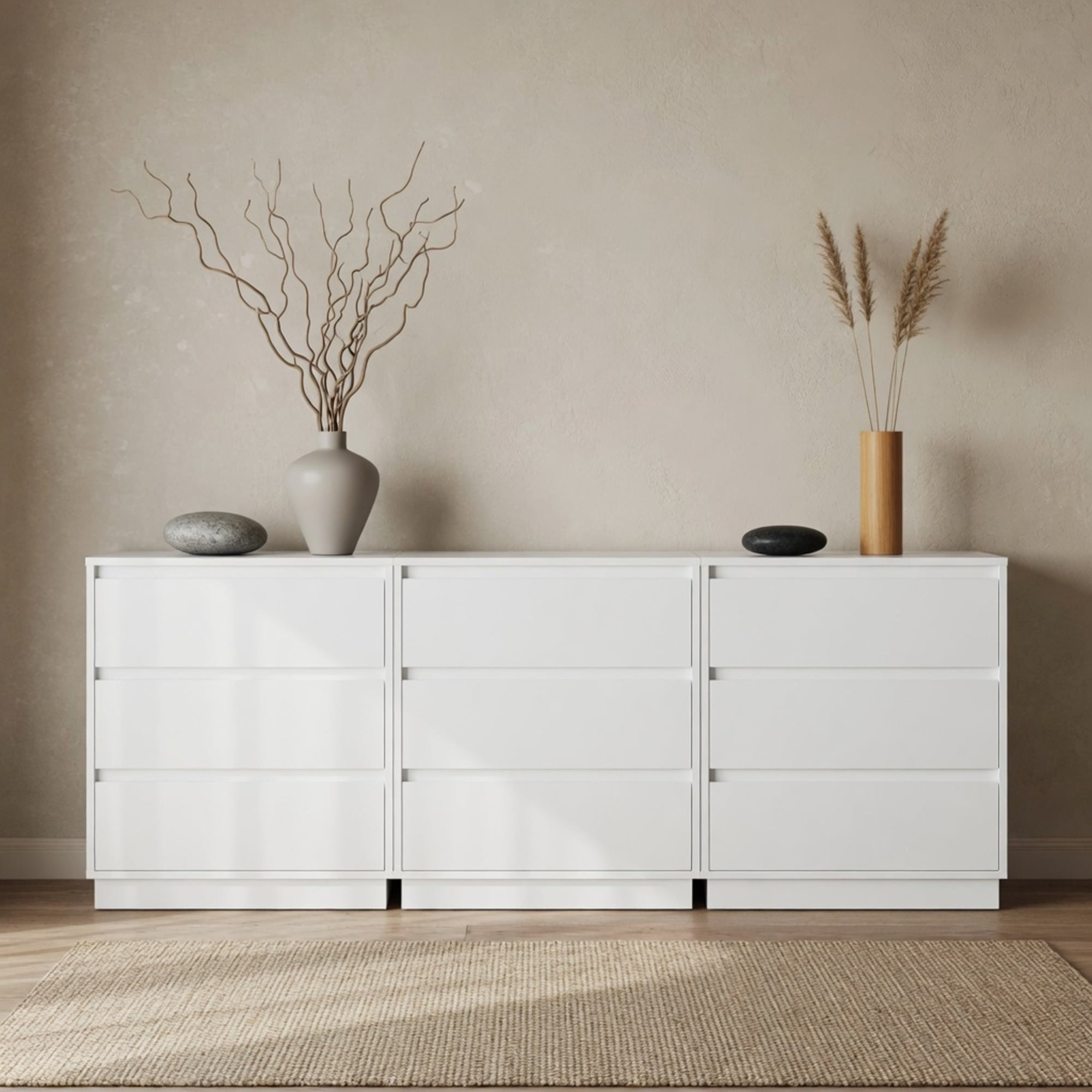 Set of 2, 23.6 Wide White Large Morden Wood Nightstand with 3 Drawers