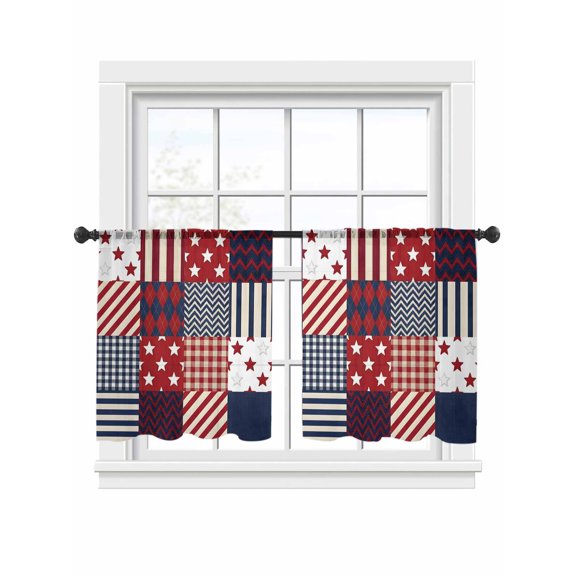4th of July Independence Day Sheer Curtains 2 Panels Set, Red Blue Star Striped Patchwork Light Filtering Rod Pocket Voile Drapes, Window Sheer Curtains for Living Room/Bedroom, 52'' W x 45'' L