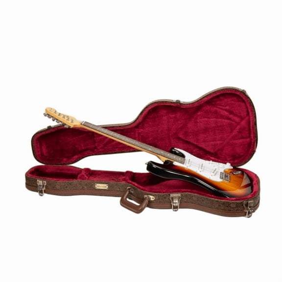 Crossrock Designer Series- Universal Wooden Case for Stratocaster and Telecaster Electric Guitars- Security Lock, Metal Feet, Storage Space- Blossom Brown
