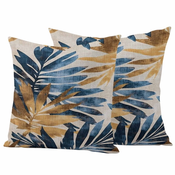 Navy Blue Brown Outdoor Waterproof Pillow Covers, Tropical Palm Leaves Retro Decorative Square Throw Pillowcase Sofa Cushion Sham for Patio/Couch/Chair, 16"x16" 2 Pack