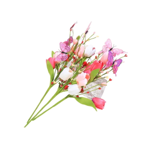 Ramo de tulipanes de flores artificiales, regalo decorativo con arreglo de mariposas para 3 piezas