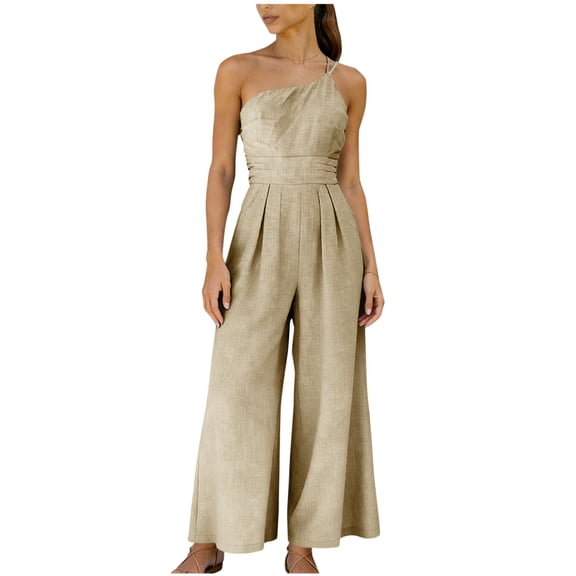 Hduncf Womens One Shoulder Jumpsuit Sleeveless Casual High Waist Wide Leg Pants Romper Jumper 2026 Trendy Spring Outfits Yellow XL