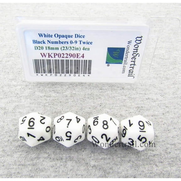 White Opaque Dice with Black Numbers D20 (0 - 9 Twice) 18mm (23/32in) Pack of 4 Wondertrail