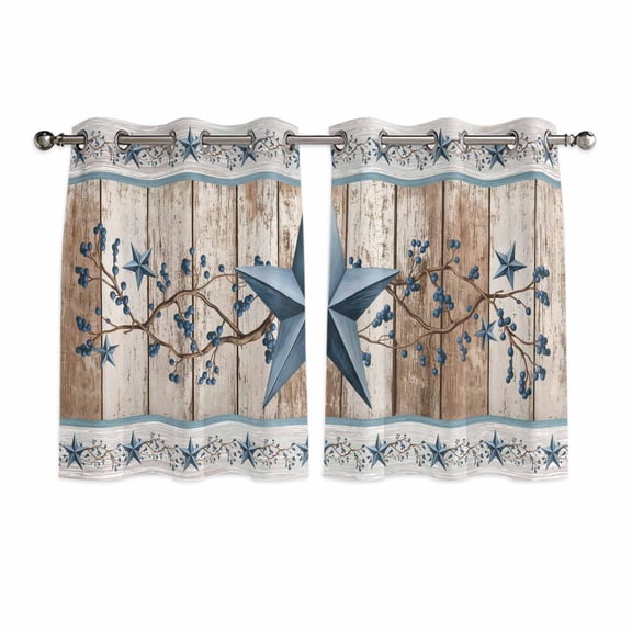 Texas Star Rustic Kitchen Curtains Window Panels, Country Blue Berry Brown Wooden Plank Insulated Window Treatment Curtain, Grommet Curtains for Bedroom/Living Room/Bathroom, 2 Piece 52"Wx45"L