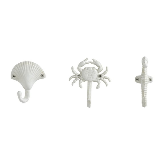 Danya B. White Cast Iron Nautical Ocean Figure Sculpture Decorative Utility Wall Hook Set of 3 - Seashell, Crab, Seahorse
