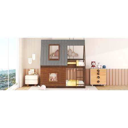 alemior Wood Twin Size House Bunk Bed with Roof  Ladder and 2 Windows  Oak & Smoky Grey