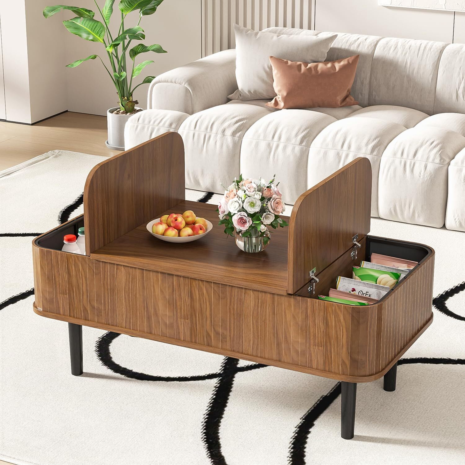 Fsbecl Mid-Century Modern Wood Coffee Table with Storage, Rectangle, Brown