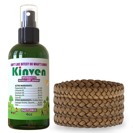 Kinven Anti Mosquito Repellent Bundle - (4oz Spray + 4 Bracelet, Brown)