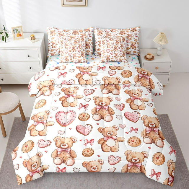 Erosebridal Pink Bowknot Bedding King Size, Cartoon Bear Animal Bedding Sets King Size, Princess Ribbon Reversible Bed Set, Microfiber Room Decorative, 7pcs