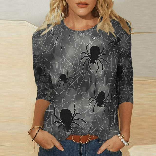 VKOYWKM Chemises d'Halloween pour Femmes Manches 3/4 T-Shirt Graphique Toile d'Araignée Amusant Col Rond Tunique Ample Hauts Imprimé Effrayant d'Halloween